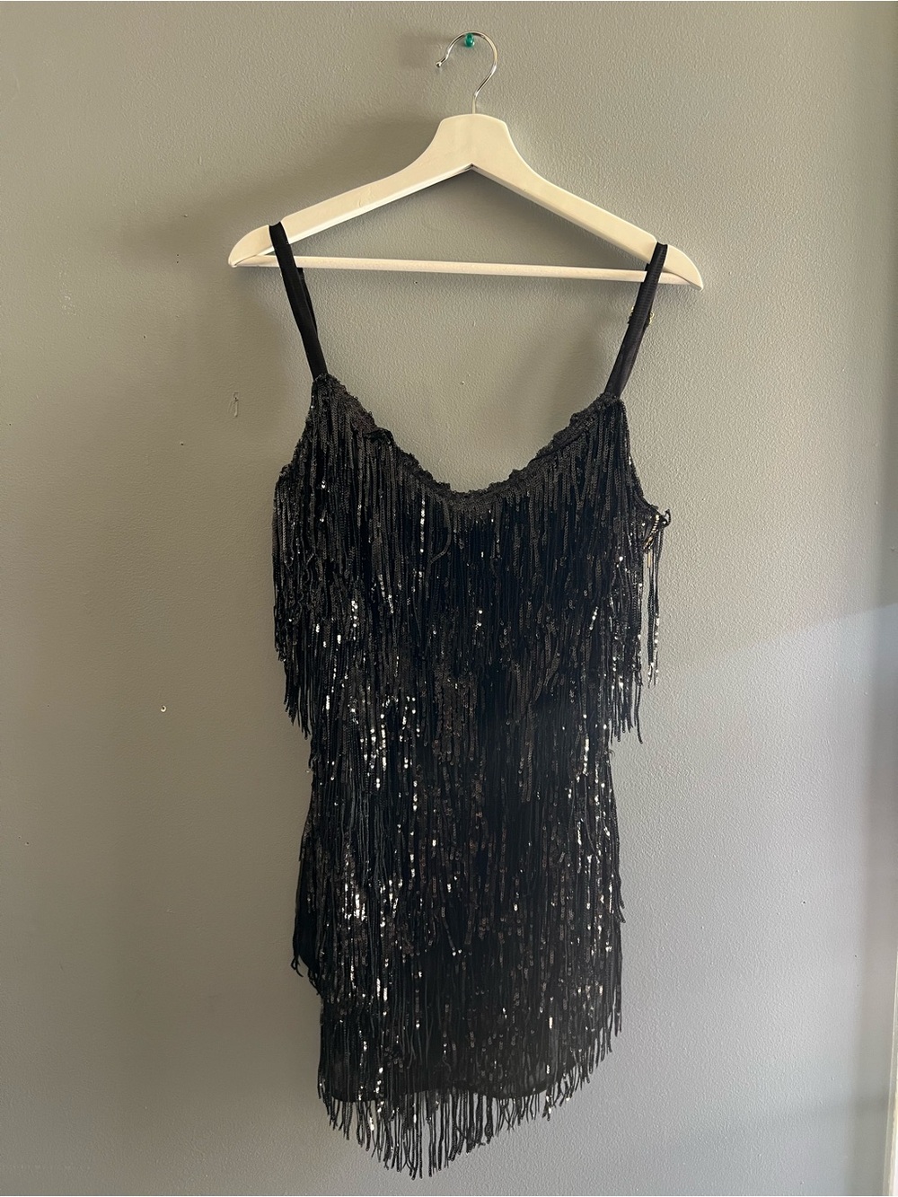 Amazing Lace Black Sequin Fringe Mini Dress with Spaghetti Straps